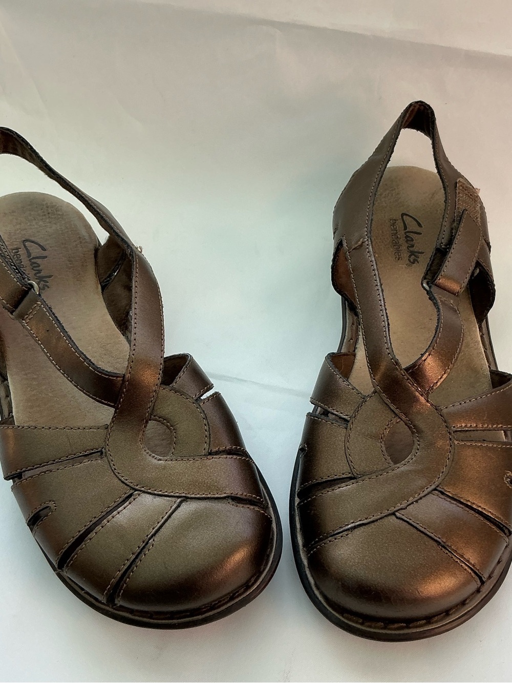 Clarks Bendables  Ankle Strap Metallic Bronze Leather Slingback Sandals Size 7M
